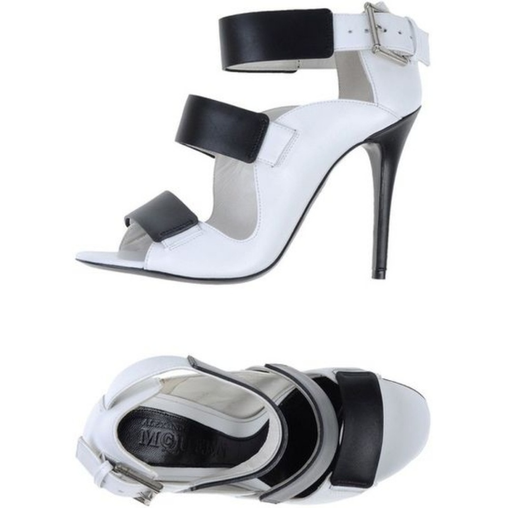 Alexander McQueen White and Black Strappy Leather Heeled Sandals